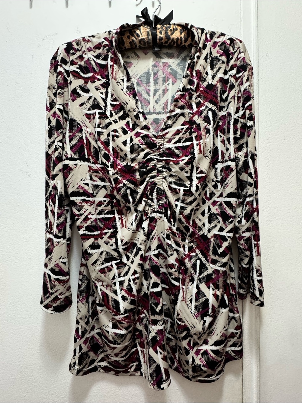 Alfani Abstract Print Ruched V-Neck Long Top - Cream, Black & Burgundy